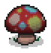 Cave's marked skull; a red mushroom with blue and green spots.