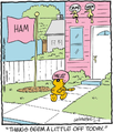 A Heathcliff comic featuring his iconic "MEAT" helmet.